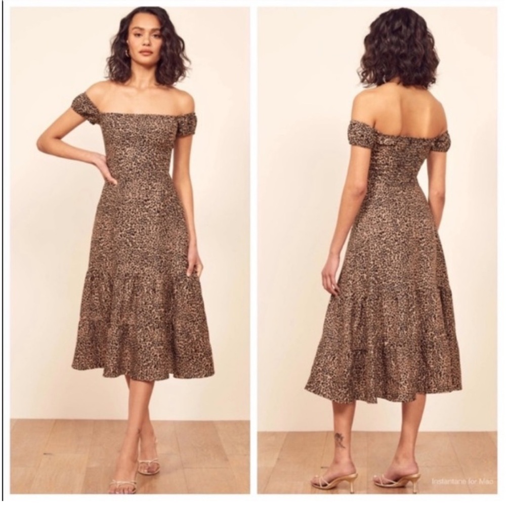 Reformation Toulouse Linen Off Shoulder Leopard Print Midi Dress size 4 - Picture 3 of 10